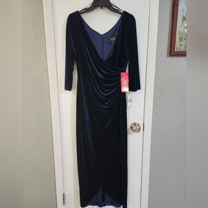 Alex Evenings Navy Velvet Draped Long Sleeve Gown